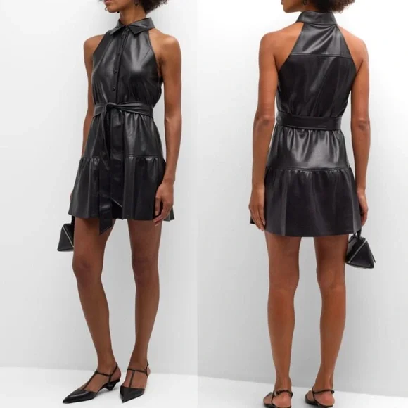 Alice + Olivia Miranda Vegan Leather Tiered Button Down Sleeveless Mini Dress - Picture 9 of 16